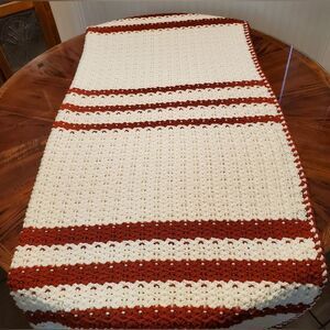 Vintage Handmade Crochet Throw Blanket Off White with Burnt Orange Stripes